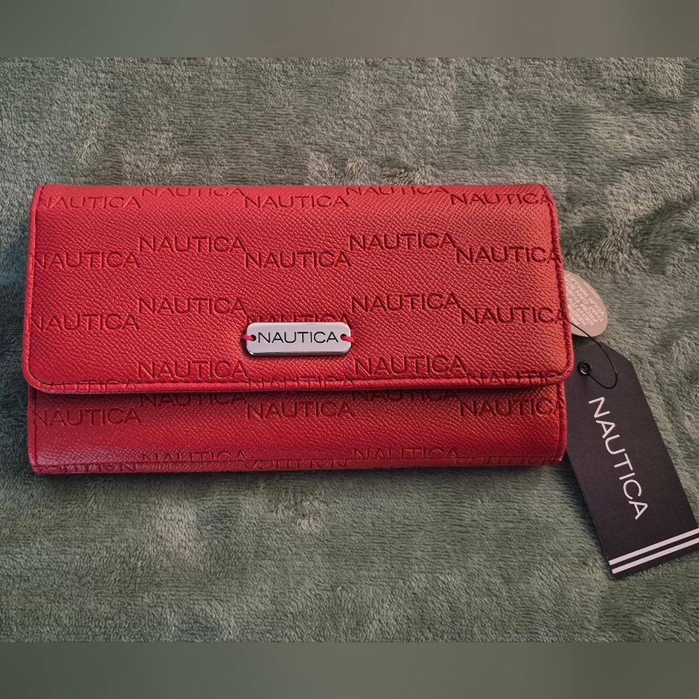 NWT Nautica Red Embossed Logo Foldover Wallet with Silver Nameplate